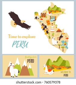 Set of tourist cards of Peru with landmarks.