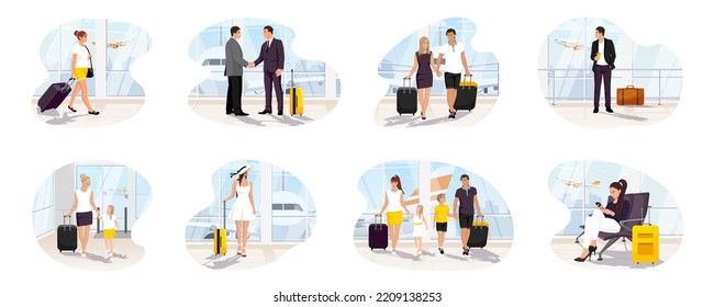 Set of tourist characters isolated on white background. People passenger travel with luggage. Young couple family with children. Summer vacation clip art with woman, man, person. Vector illustration