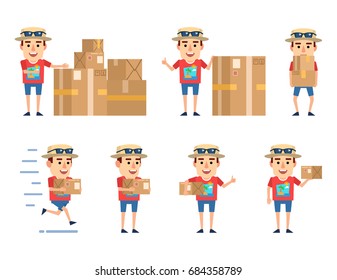 Set of tourist characters with parcel posing in various situations. Funny tourist holding parcel, running and showing other actions. Simple vector illustration