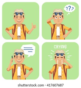 Set of tourist characters posing in different situations. Cheerful traveler talking on phone, thinking, showing thumb up gesture, crying. Flat style vector illustration