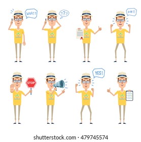 Set of tourist characters posing in different situations. Cheerful tourist talking to phone, thinking, surprised, angry, celebrating, holding stop sign, loudspeaker. Flat style vector illustration