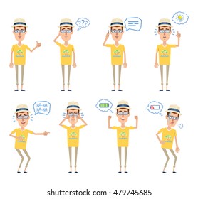 Set of tourist characters posing in different situations. Cheerful tourist thinking, talking to phone, pointing up, laughing, crying, full of energy, tired. Flat style vector illustration