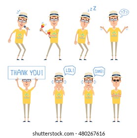 Set of tourist characters posing in different situations. Cheerful tourist singing, dancing, sleeping, thinking, laughing, surprised, holding thank you poster. Flat style vector illustration