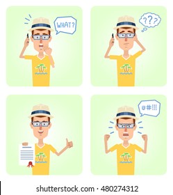 Set of tourist characters posing in different situations. Cheerful tourist talking to phone, thinking, surprised, angry, holding document. Flat style vector illustration