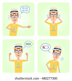 Set of tourist characters posing in different situations. Cheerful tourist laughing, crying, full of energy, tired. Vector illustration of flat style