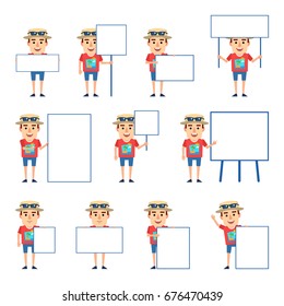 Set of tourist characters posing with various blank signboards. Funny tourist holding banner, paper, placard, pointing to whiteboard. Simple vector illustration