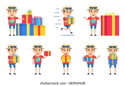 Set of tourist characters posing with various gift boxes. Simple vector illustration