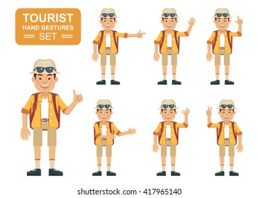 Set of tourist characters showing different hand gestures. Cheerful traveler showing thumb up gesture, this way, waving, greeting, pointing up, victory sign. Flat style vector illustration