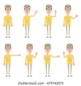 Set of tourist characters showing different hand gestures. Cheerful tourist showing thumb up gesture, victory hand, greeting, waving, pointing up, this way. Flat style vector illustration