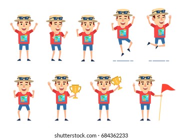 Set of tourist characters showing various success actions. Funny tourist celebrating, holding winners cup, jumping and showing other actions. Simple vector illustration
