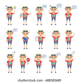 Set of tourist characters showing various actions, emotions. Cheerful tourist talking on phone, holding document, reading book and showing other actions. Simple vector illustration