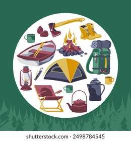 Set of tourist equipment for camping. Accessories for outdoor activities. Hiking and traveling. Composition of circle and square. Flat vector illustration