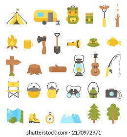 Set of tourist equipment for camping in flat style. Vector illustration.