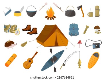 Set of tourist equipment - tent, backpack, sleeping bag, fishing rod, kayak and other items. Camping and hiking collection.
Trekking equipment.