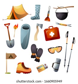 Set of tourist equipment or tools for hiking, climbing and walking