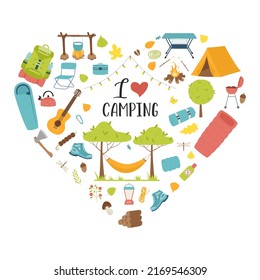 Set of tourist equipment for travel, picnic, camping, outdoor recreation. Heart shape composition as a print on clothes, postcards, web design. Flat vector illustrations isolated on a white background