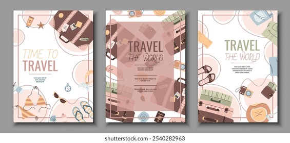 Conjunto de volantes turísticos. Carteles con equipaje y ropa. Viajar alrededor del mundo, vacaciones de verano. Anuncios para una agencia de viajes.