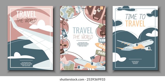 Set of tourist flyers. Posters with a plane flying in the sky, bag, globe, map. Travel around the world, summer vacation. Banners for a travel agency.