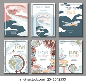 Conjunto de volantes turísticos. Carteles con un avión volando en el cielo, bolsa, globo, mapa. Viajar alrededor del mundo, vacaciones de verano. Anuncios para una agencia de viajes