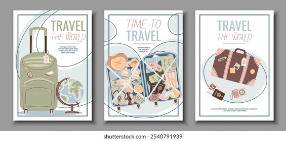 Set of tourist flyers. Posters with suitcase, globe, tickets, passport and camera. Travel around the world, summer vacation. Banners for travel agency.