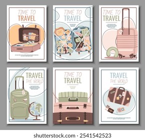 Conjunto de volantes turísticos. Carteles con maleta, globo, entradas, pasaporte y cámara. Viajar alrededor del mundo, vacaciones de verano. Anuncios para agencia de viajes