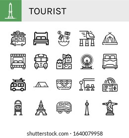 Set of tourist icons. Such as Washington monument, Camper van, Bed, Umbrella, High speed train, Tent, School bus, Great wall of china, London eye, Camper, Beach bag , tourist icons