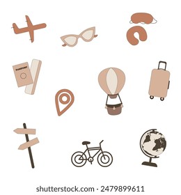 Set of tourist icons. suitcase, road sign, photo card, passport, airplane, balloon with basket, bicycle, globe, pillow and sleep mask, sunglasses.