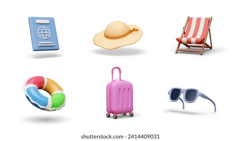 Set of tourist items. Vacationer accessories. 3D passport, sun hat, folding chair, plastic suitcase, sunglasses, inflatable color ring. Isolated vector