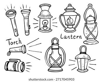 Set of tourist lanterns. Hand drawn sketch vector. Lighting device. Flashlight, pocket torch. Retro oil lamp. Emergency light. Line art illustration. Collection of elements.