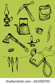  Set of tourist objects vector illustration of contours hand drawing sketches