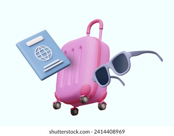 Conjunto de turistas. Maleta de plástico rosa realista con ruedas, pasaporte internacional, gafas de sol. Es hora de viajar. Concepto de vacaciones. Publicidad web creativa sobre fondo azul