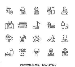 Set of tourist Related Vector Line Icons. Includes such Icons as travel, vacation, tour, photo, vacation, hike, sightseeing, Safari, map, camp and more. - vector