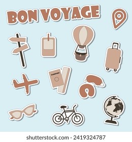 Set of tourist stickers. The inscription "bon voyage" location icon, suitcase, road sign, photo card, passport, airplane, balloon with basket, bicycle, globe, pillow and sleep mask, sunglasses.