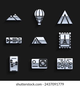 Set Tourist tent, Action extreme camera, Passport pages with visa stamps, Postal and Eiffel tower, Infographic of city map navigation, Airline ticket,  and Mountains icon. Vector