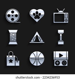Set Tourist tent, Basketball ball, Portable video game console, Dumbbell, Paper shopping bag, Sewing thread spool, Television and Film reel icon. Vector