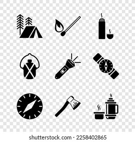 Set Tourist tent, Burning match with fire, Thermos container, Compass, Wooden axe, Canteen water bottle and Flashlight icon. Vector