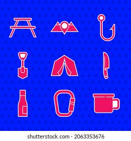 Set Tourist tent, Carabiner, Camping metal mug, Knife, Bottle of water, Shovel, Fishing hook and Picnic table with benches icon. Vector