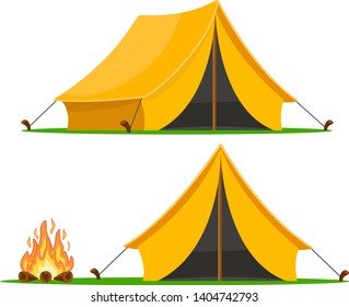 A set of tourist tent with different angles and a campfire on a white background.