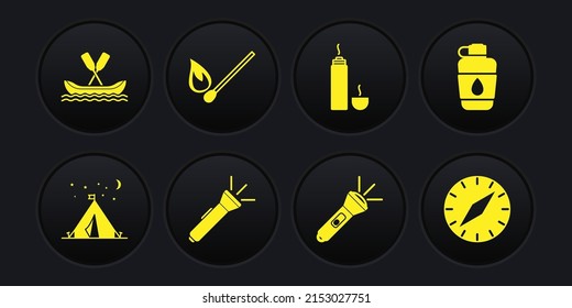 Set Tourist tent with flag, Canteen water bottle, Flashlight, Thermos container, Burning match fire, Compass and Rafting boat icon. Vector