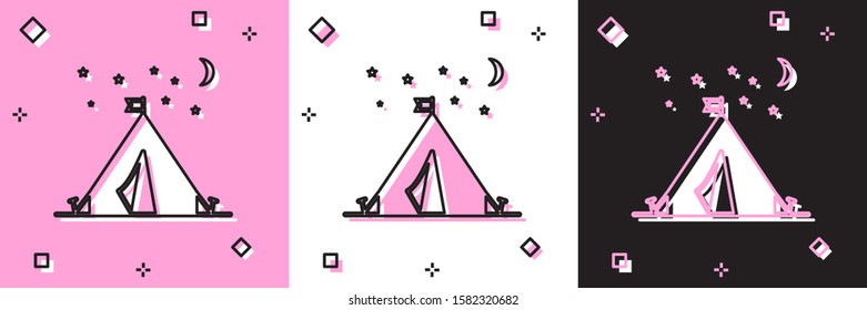 Set Tourist tent with flag icon isolated on pink and white, black background. Camping symbol.  Vector Illustration