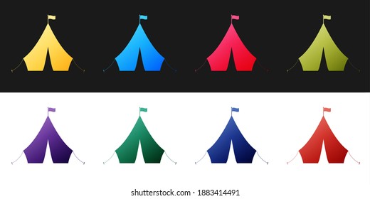 Set Tourist tent with flag icon isolated on black and white background. Vector.