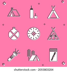 Set Tourist tent with flag, Thermos container, Canteen water bottle, Compass, Flashlight and  icon. Vector