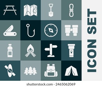 Set Tourist tent, Flashlight, Binoculars, Shovel, Fishing hook, Swiss army knife, Picnic table with benches and Compass icon. Vector