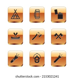 Set Tourist tent, Flashlight, Canteen water bottle, Wooden axe, Rafting boat, Lighter,  and Thermos container icon. Vector
