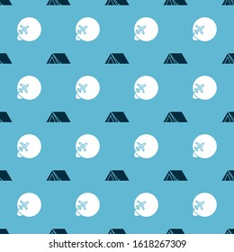 Set Tourist tent and Globe with flying plane on seamless pattern. Vector