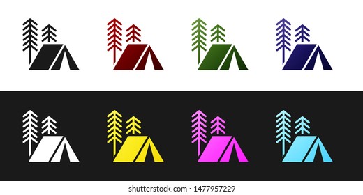Set Tourist tent icon isolated on black and white background. Camping symbol.  Vector Illustration