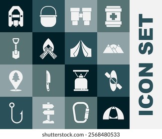 Set Tourist tent, Kayak or canoe, Mountains, Binoculars, Campfire, Shovel, Rafting boat and  icon. Vector