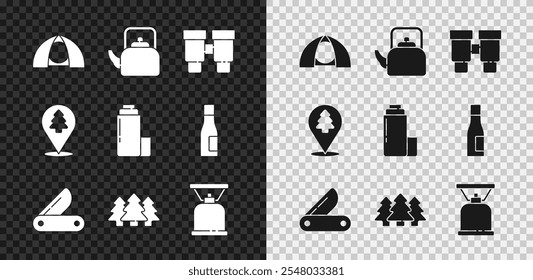 Tienda de campaña turística, hervidor de agua con mango, binoculares, cuchillo suizo, bosque, estufa de gas de camping, Locación del bosque y icono de contenedor Thermos. Vector