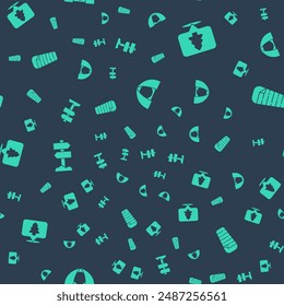 Set Tourist tent, Location of the forest, Road traffic signpost and Sleeping bag on seamless pattern. Vector