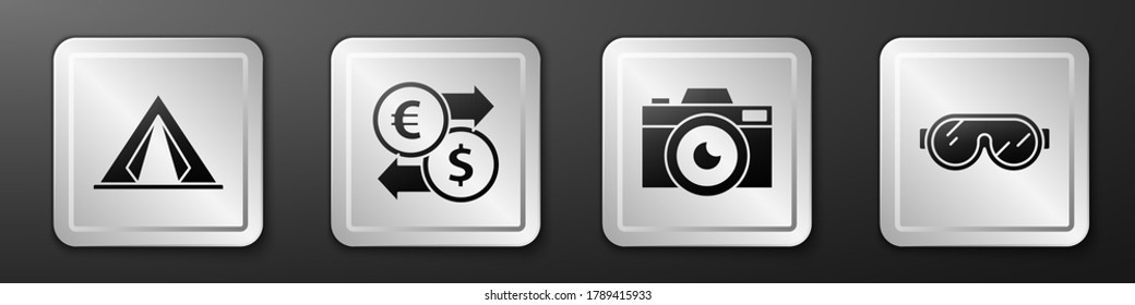 Set Tourist tent, Money exchange, Photo camera and Ski goggles icon. Silver square button. Vector